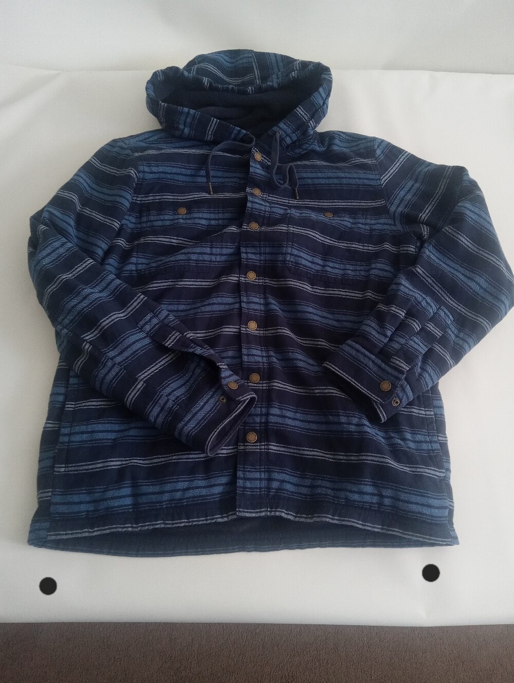 LL Bean Jacket Mens Med Blue Striped Flannel Fleece Lined Hooded Snap Front